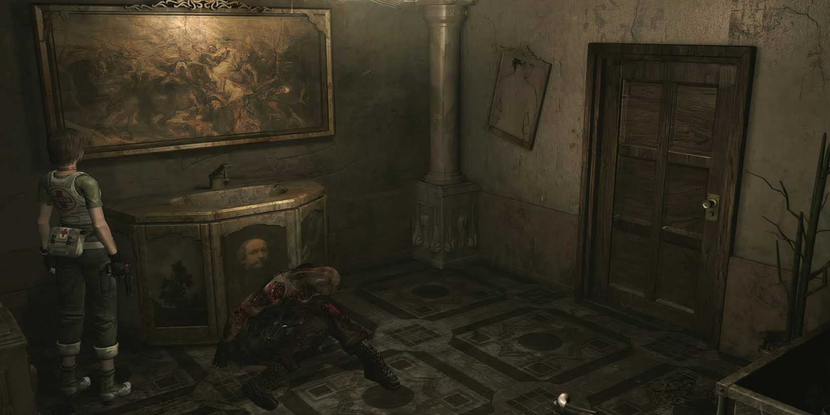 rebecca looking at a painting with a zombie dead below it