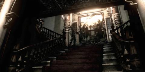 resident evil jill at the top of the steps looking at a painting