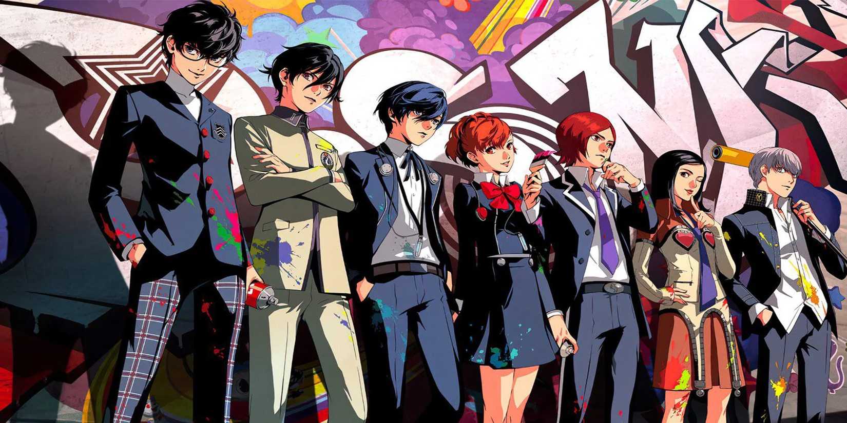 Protagonists of the series Persona standing in front of a wall of graffiti-1