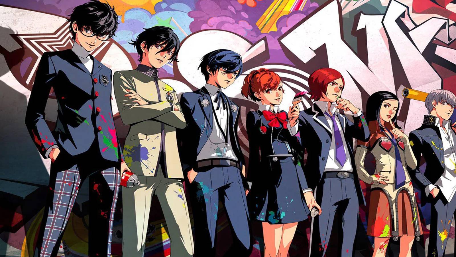 Persona series protagonists standing in front of wall graffiti-1