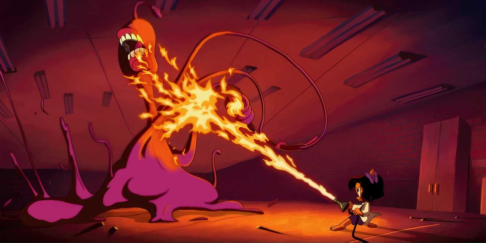 Petunia fighting a monster with fire in The Day the Earth Blew Up A Looney Tunes Movie