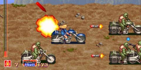 Players riding a bike and shooting guns in Shock Troopers