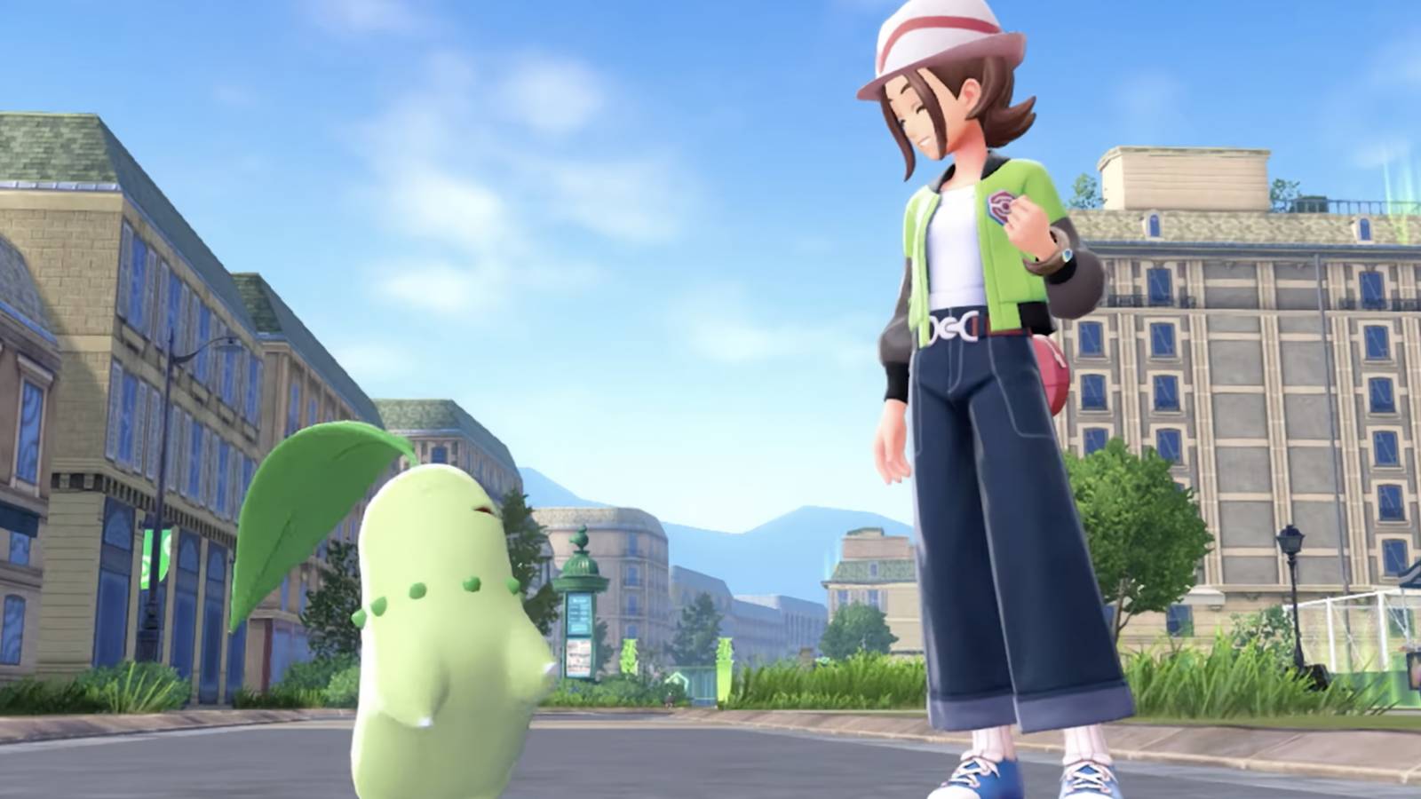 An image from Pokemon Legends: Z-A of the female protagonist and Chikorita