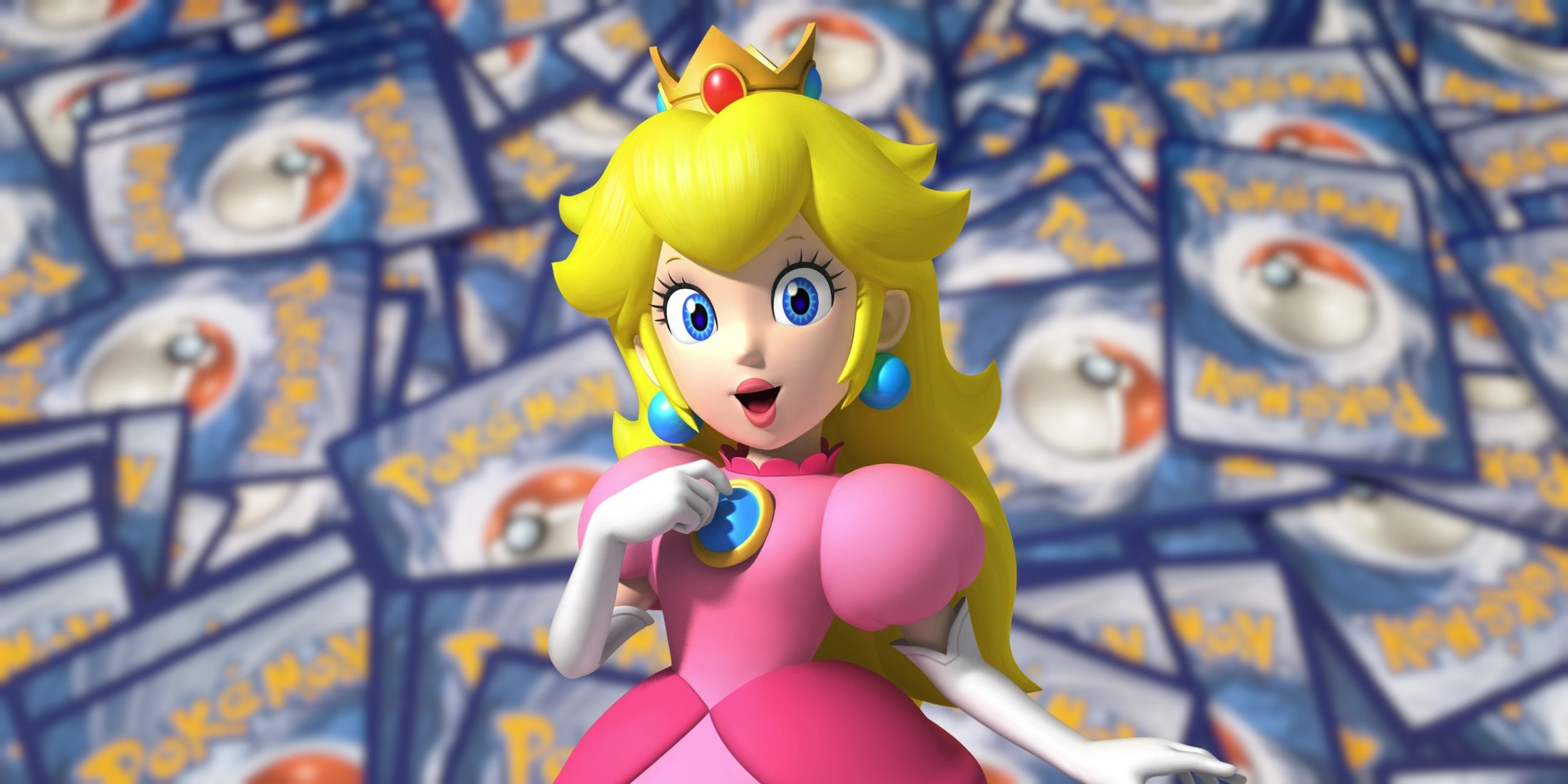 An image of Princess Peach against a blurred background of Pokemon cards.