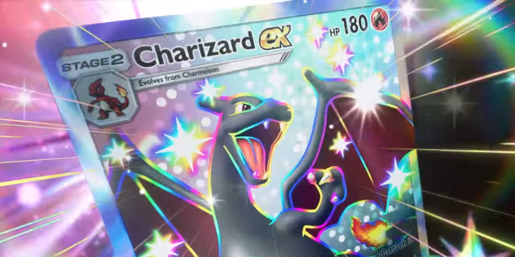 A promotional visual for Pokemon TCG Pocket showing shiny Charizard EX