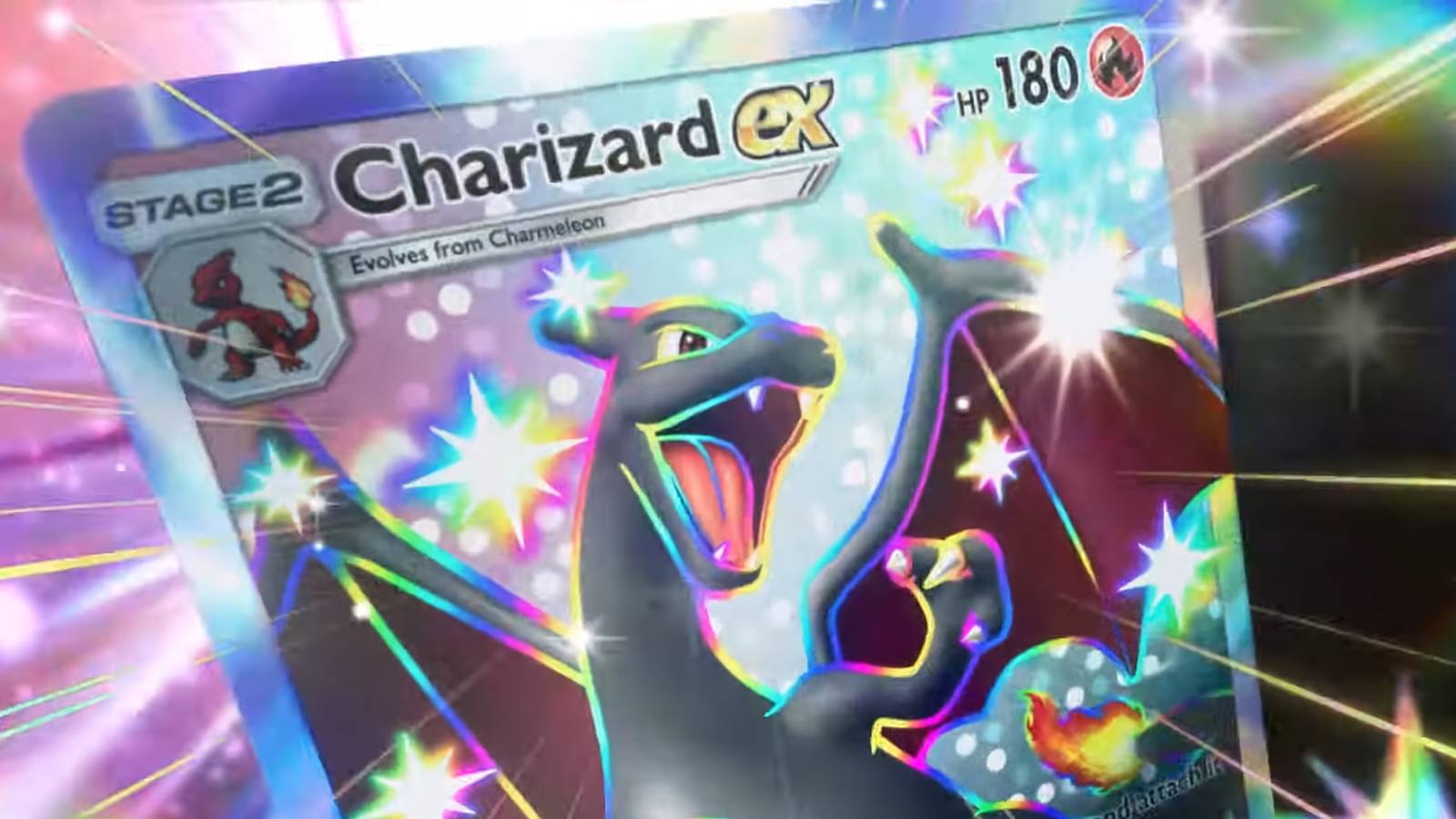 A promotional visual for Pokemon TCG Pocket showing shiny Charizard EX