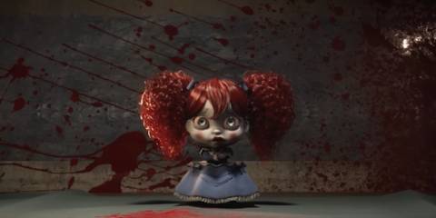 poppy playtime's poppy looking scared with blood on the wall