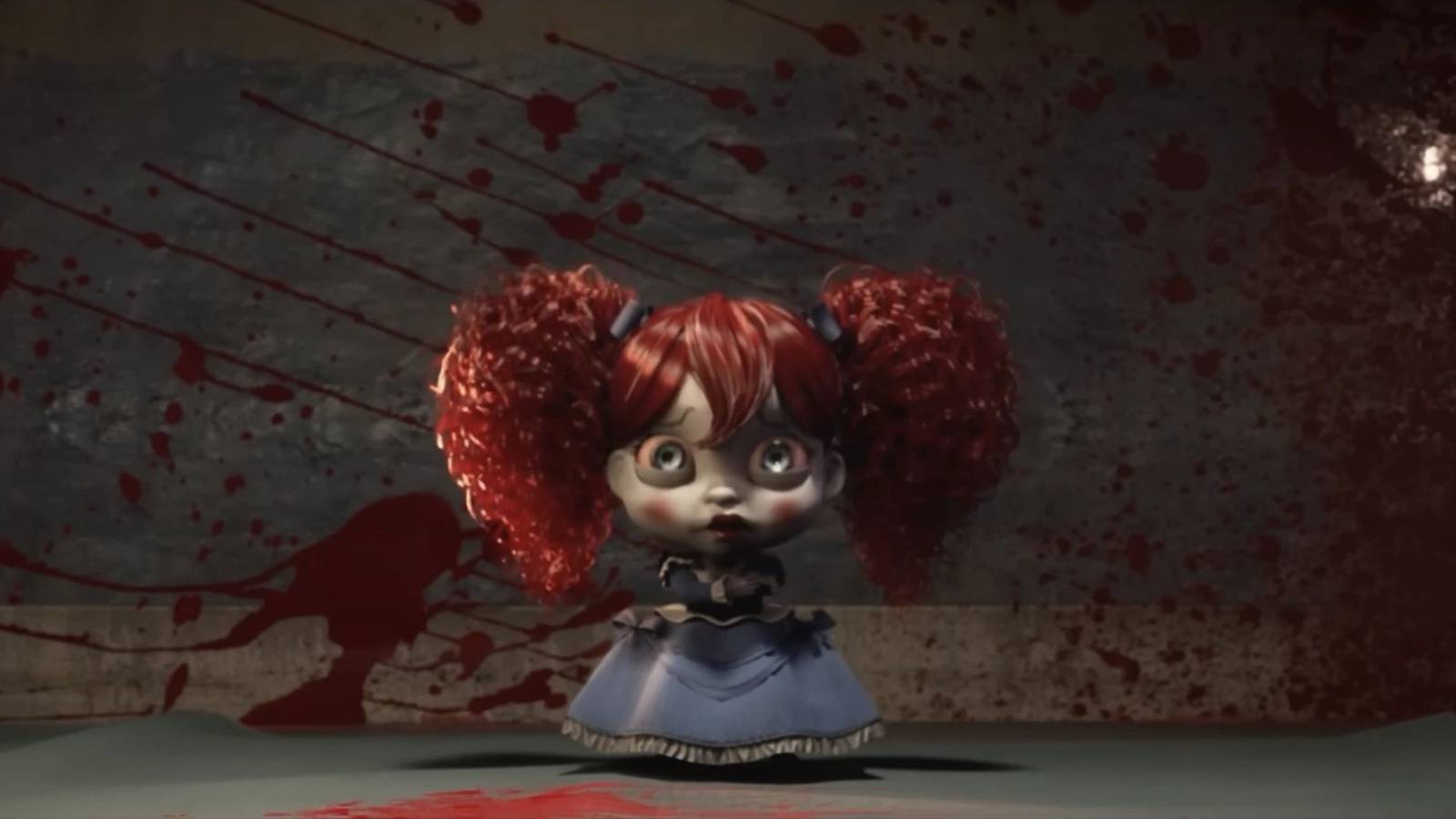 poppy playtime's poppy looking scared with blood on the wall