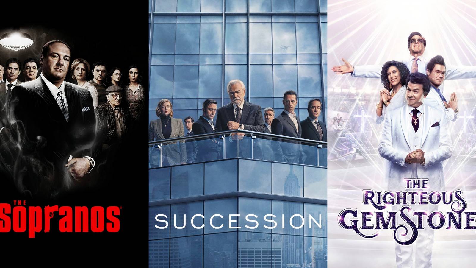 Posters of The Sopranos, Succession, and The Righteous Gemstones