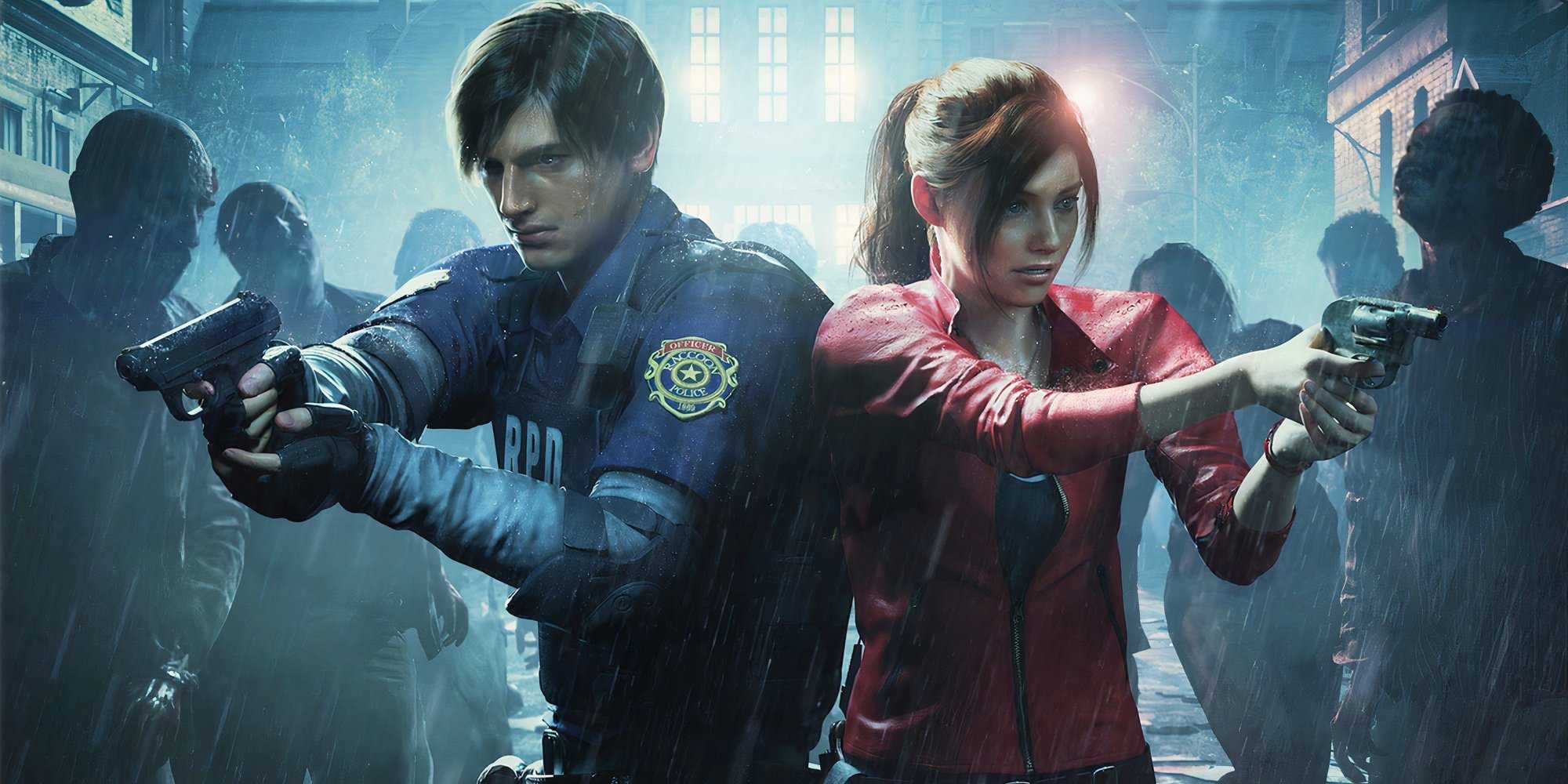 Promotional art featuring Leon and Claire facing zombies in Resident Evil 2 Remake