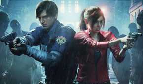 Promo art featuring Leon and Claire facing zombies in Resident Evil 2 Remake