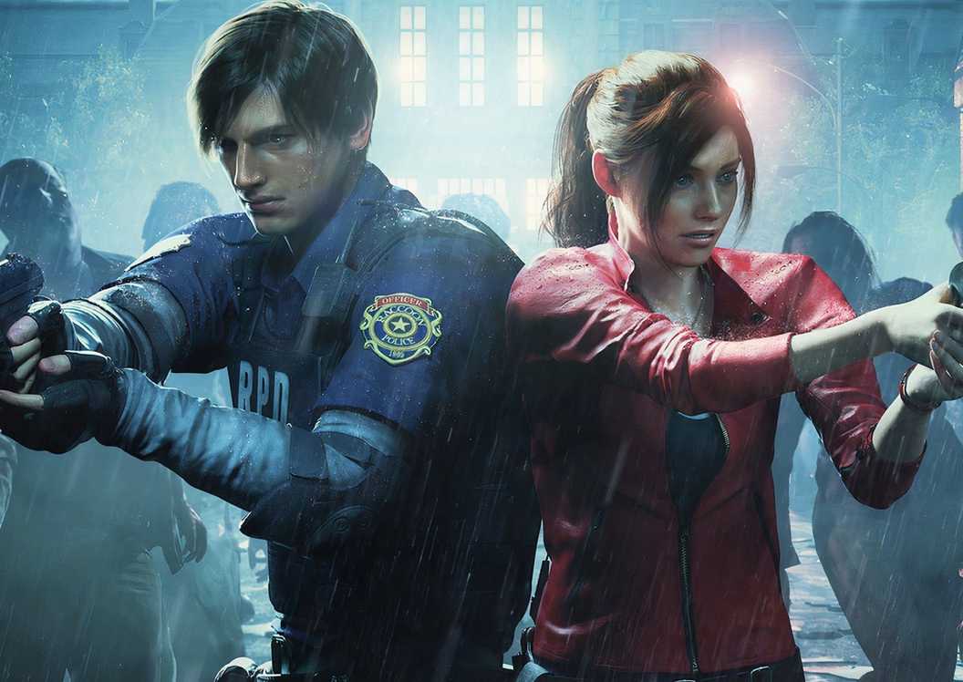 Promo art featuring Leon and Claire facing zombies in Resident Evil 2 Remake