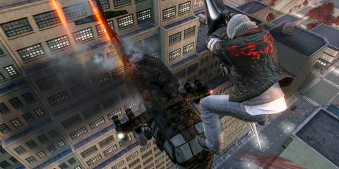 Alex Mercer attacking a helicopter in Prototype