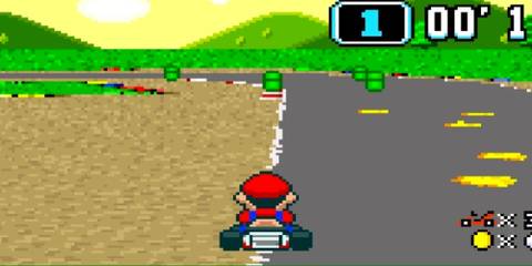 Racing as Mario in Super Mario Kart