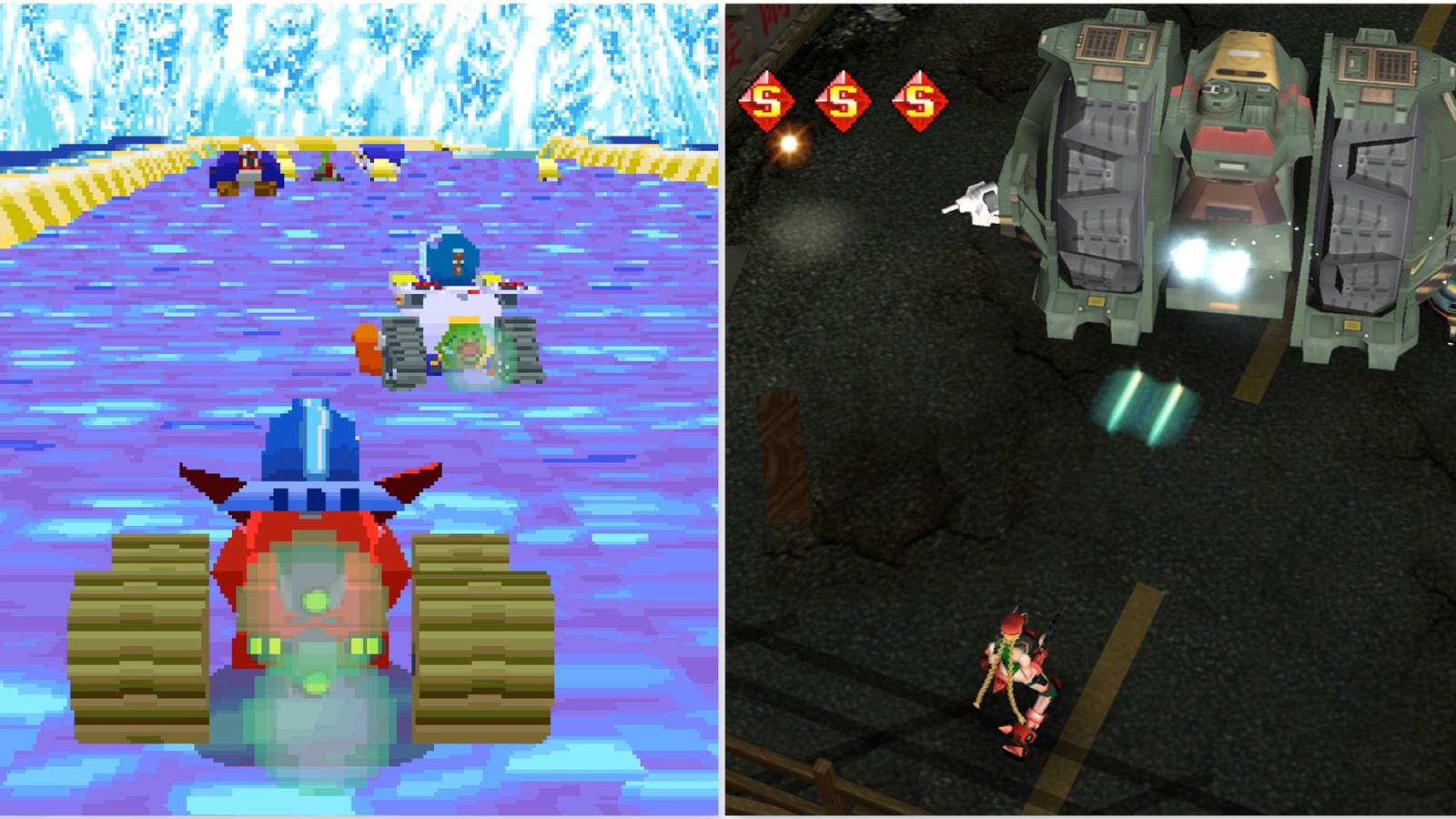 Racing as Mega Man in Mega Man Battle & Chase and Shooting Big Wheel Dragon in Cannon Spike