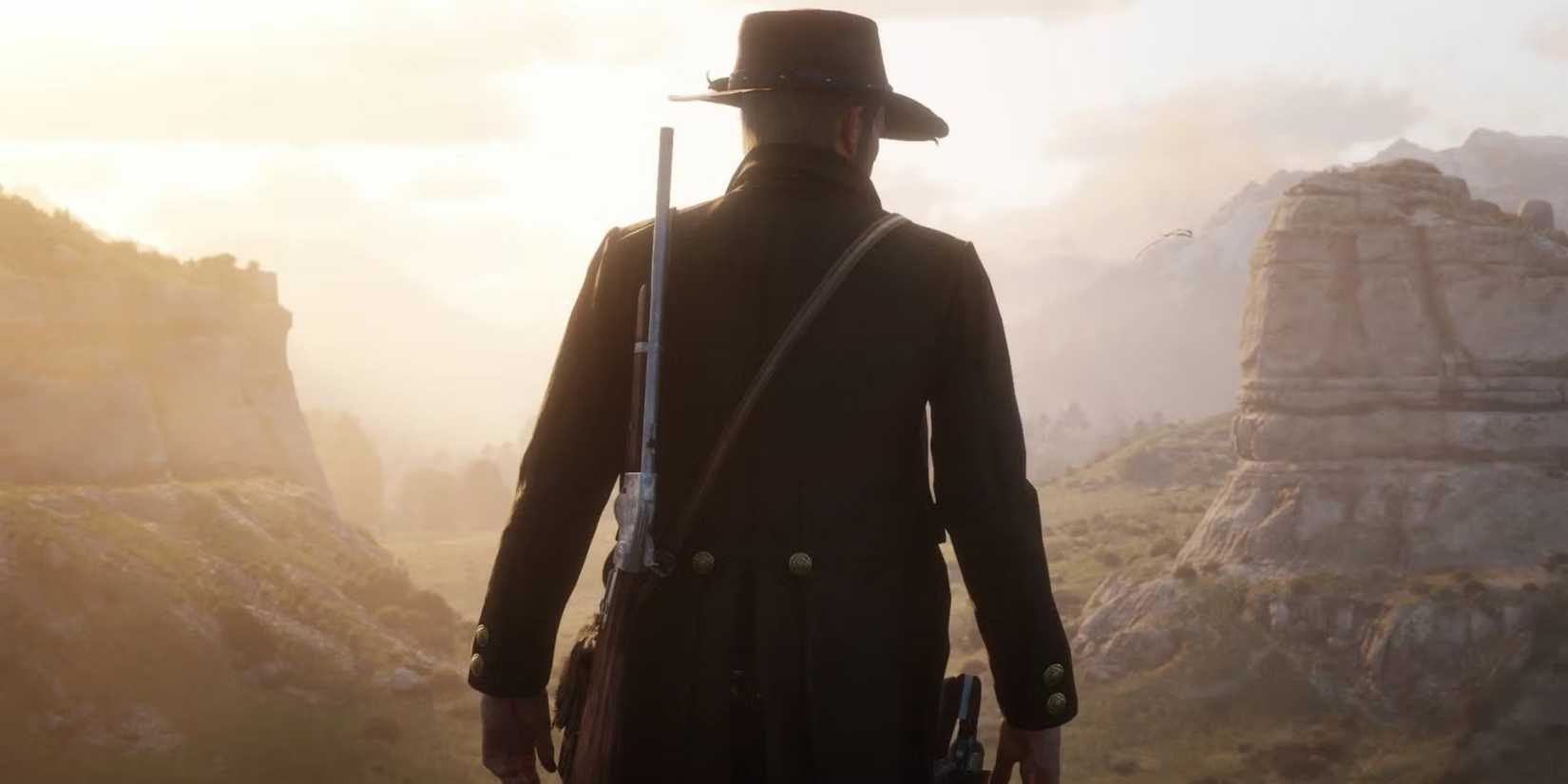 Arthur Morgan stands with his back to the viewer in Red Dead Redemption 2