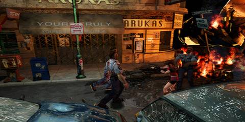 Claire fighting a zombie in the destroyed Raccoon City in Resident Evil 2