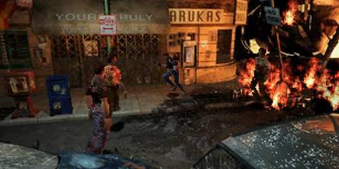 Resident Evil 2 Leon runing through a group of zombies in Raccoon City