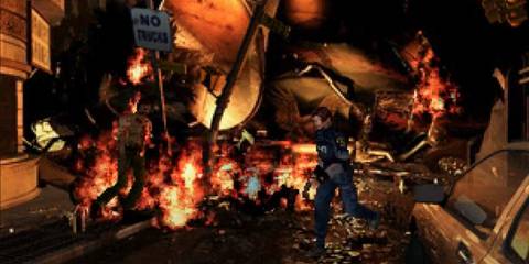 Leon running away from a zombie with fire in the background in Resident Evil 2