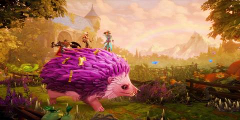 Riding on the back of a pink hedgehog in Trine 5