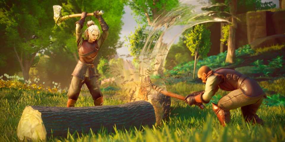 Dua karakter sedang memotong kayu di Runescape: Dragonwilds