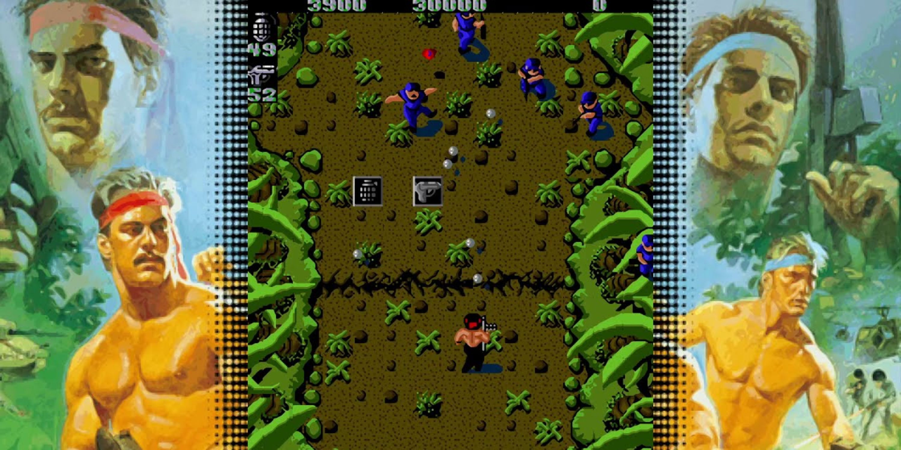 Running through a level and shooting enemies in Ikari Warriors