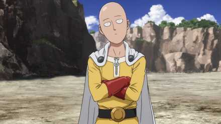 saitama lutar på huvudet och tittar på Genos.