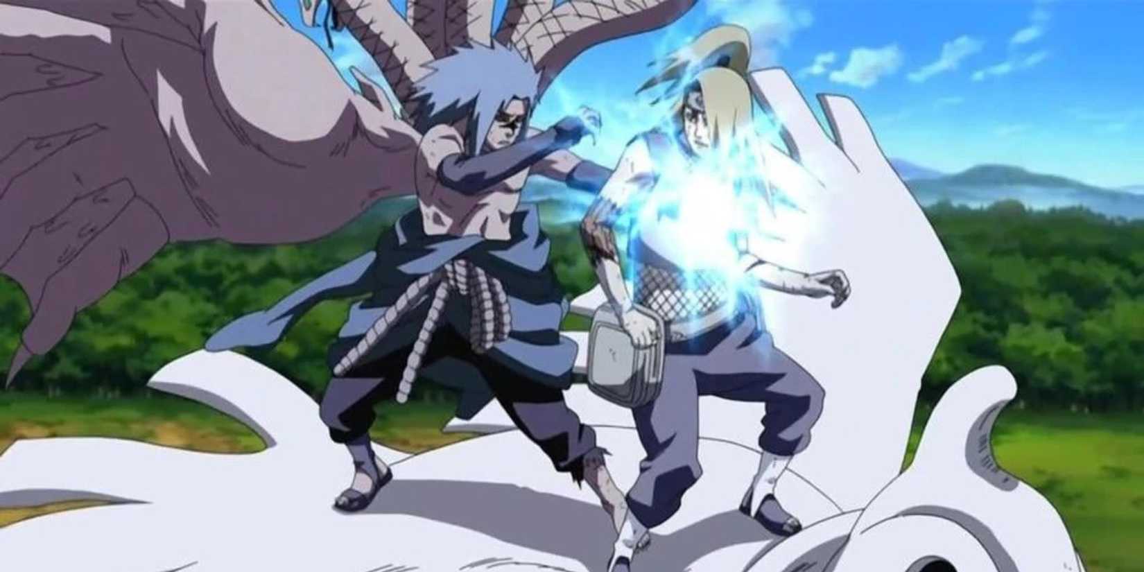 Sasuke attacks Deidara with lightning release.