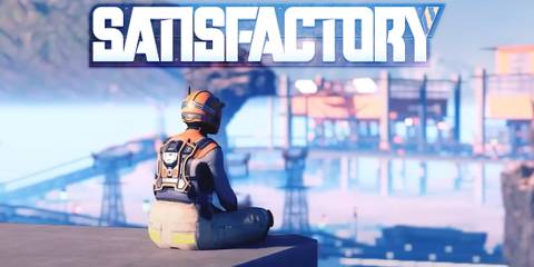 Satisfactory photo mode screenshot character sitting below game logo 2x1 composite
