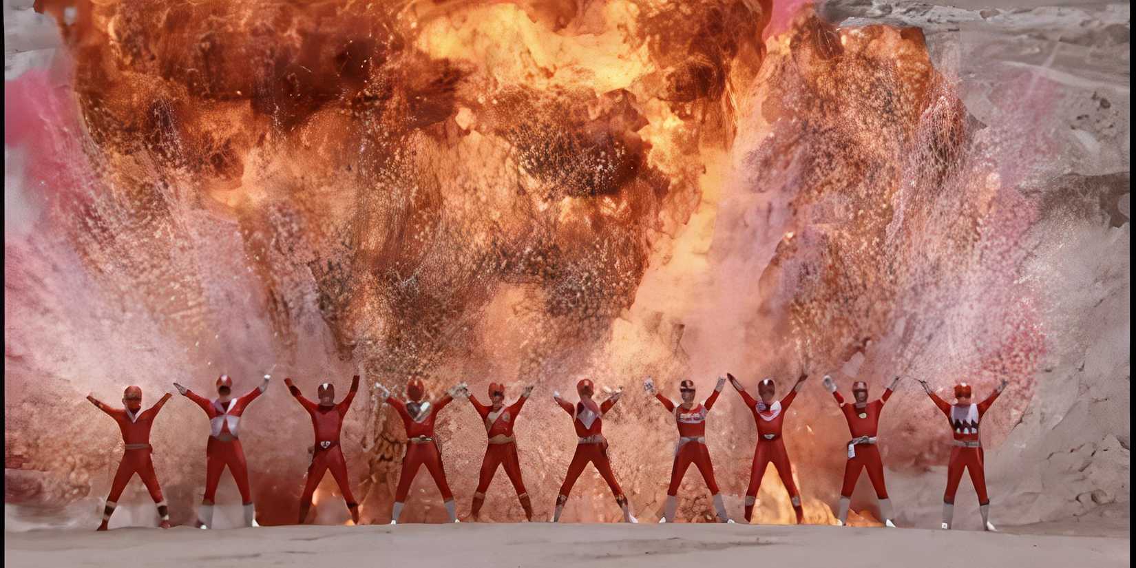 Red Rangers pose in front of explosion