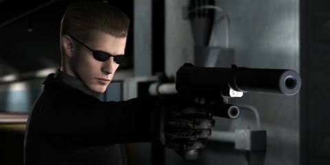 Wesker aiming a silenced handgun 