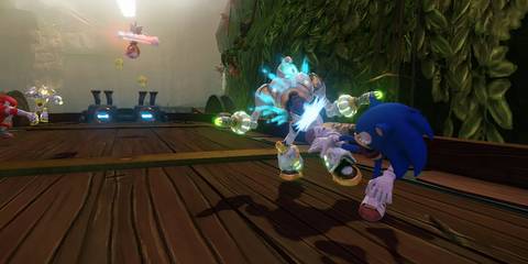 Sonic kicking a robot in Sonic Boom: Rise Of Lyric