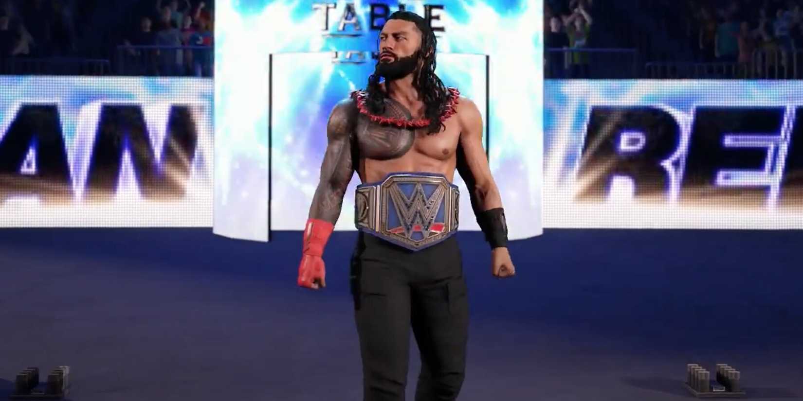 Roman Reigns 22 walking with the Universal belt around his waist in WWE 2K25