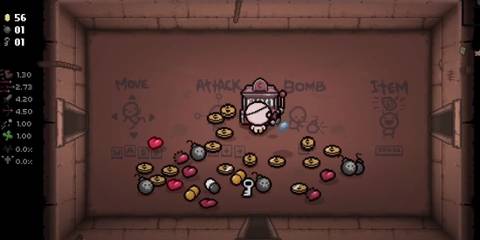 Cain running at money donation machine with pickups on the floor