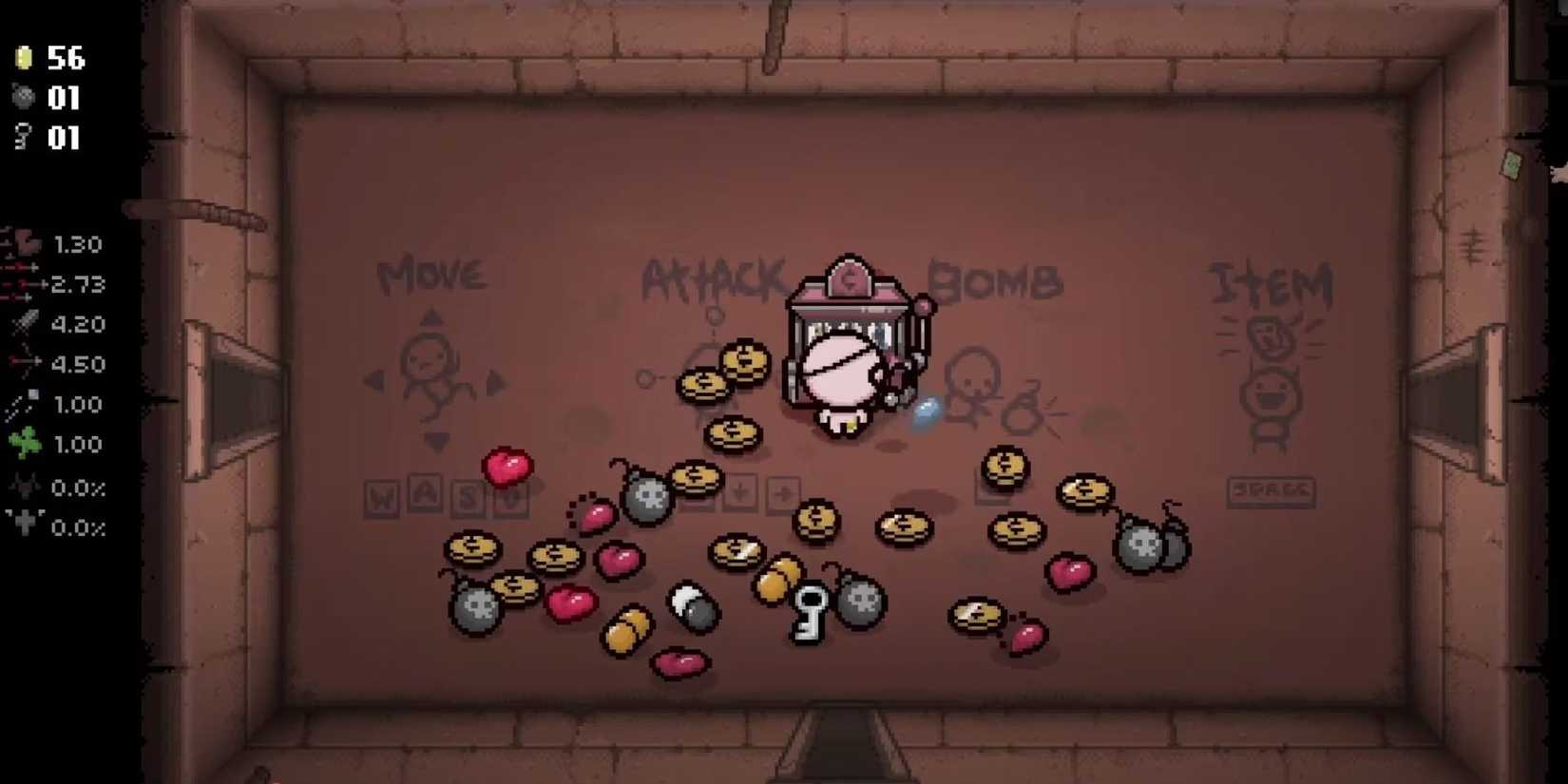 Cain running at money donation machine with pickups on the floor