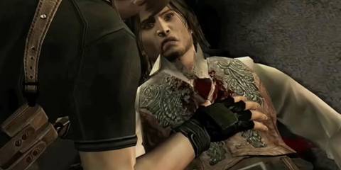 Resident Evil 4 Luis bleeding out with Leon standing over him 