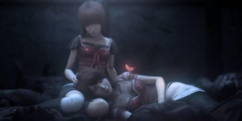 Mayu sitting with Mio on her slap and a red butterfly