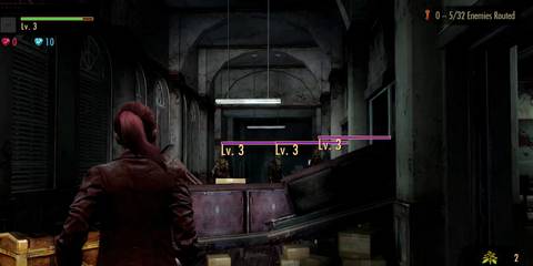 Claire in a room on raid mode in Resident Evil Revelations 2