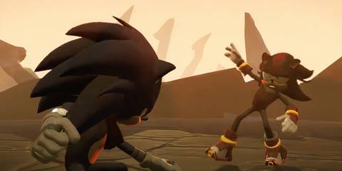 Shadow stumbling after being beaten by Sonic