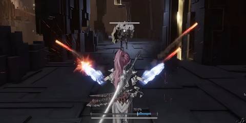 AI Limit Protagonist firing out rockets from her arms at a monster