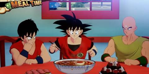 goku, yamcha, and tien eating
