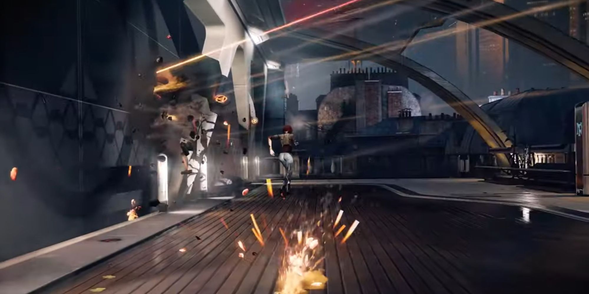 woman running through bullet fire