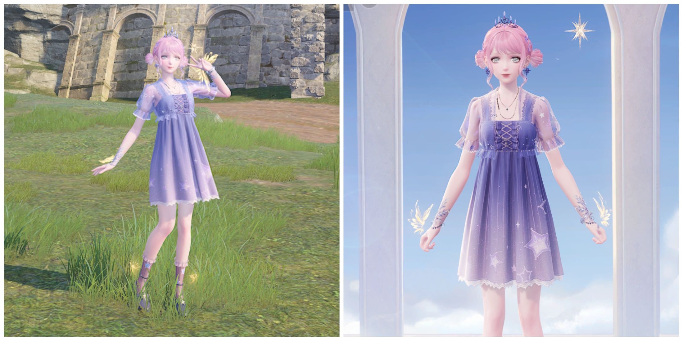 Split image of Nikki wearing the Searching for Dreams outfit outside and in the wardrobe in Infinity Nikki