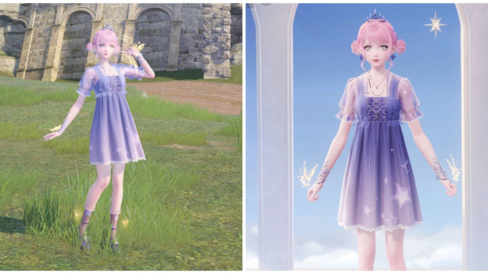 Split image of Nikki wearing the Searching for Dreams outfit outside and in the wardrobe in Infinity Nikki