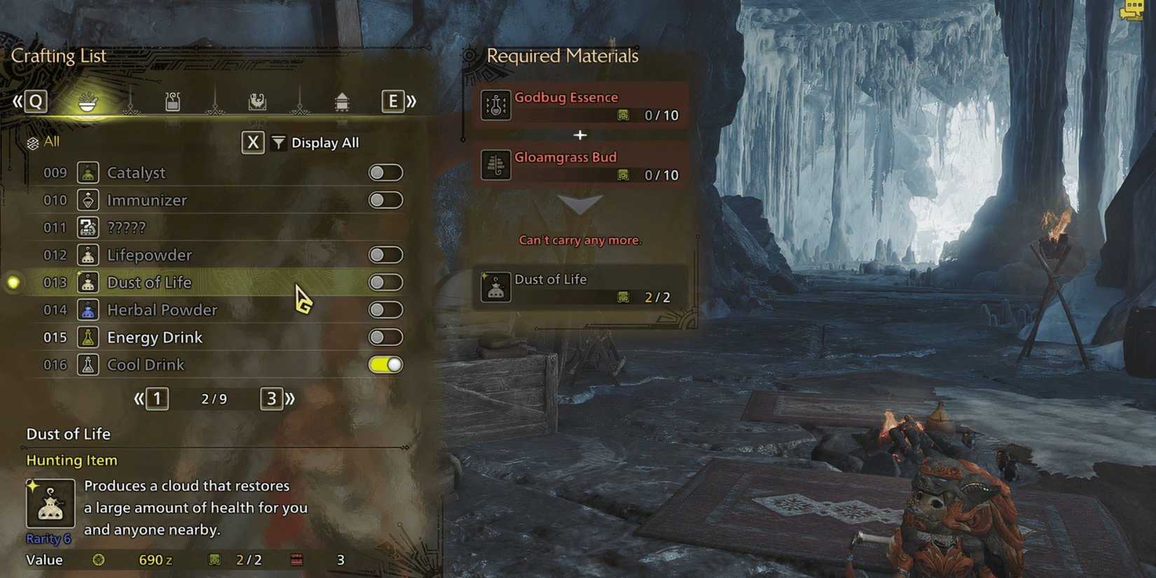 Selecting dust of life in Monster Hunter Wilds