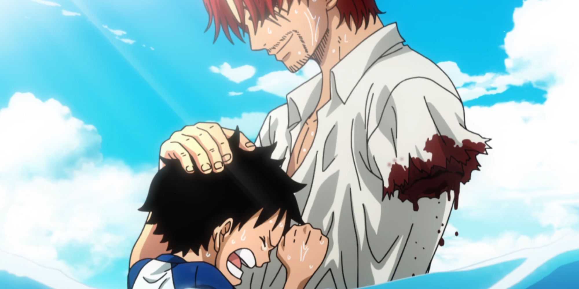 Shanks loses his arm in order to save Luffy in a One Piece flashback.