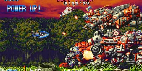 Shooting bullets at a boss robot in Blazing Star