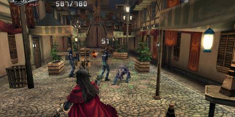 Shooting enemies in the streets in Dirge of Cerberus Final Fantasy 7