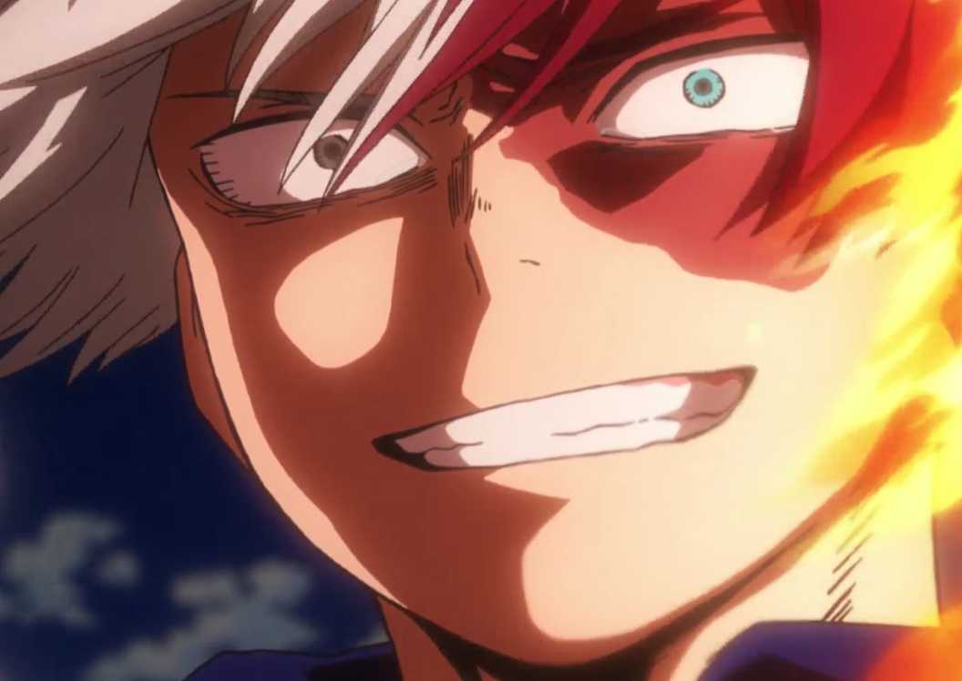Shoto Todoroki menunjukkan giginya saat bertarung dengan api.