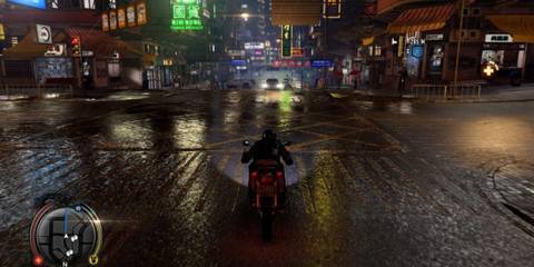 Sleeping Dogs Wei Shen riding a motorbike on a rainy night